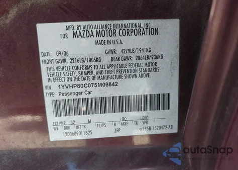 2007 Mazda Mazda6 I Sport Ve z USA, uszkodzony, nr VIN 1YVHP80C075M09842